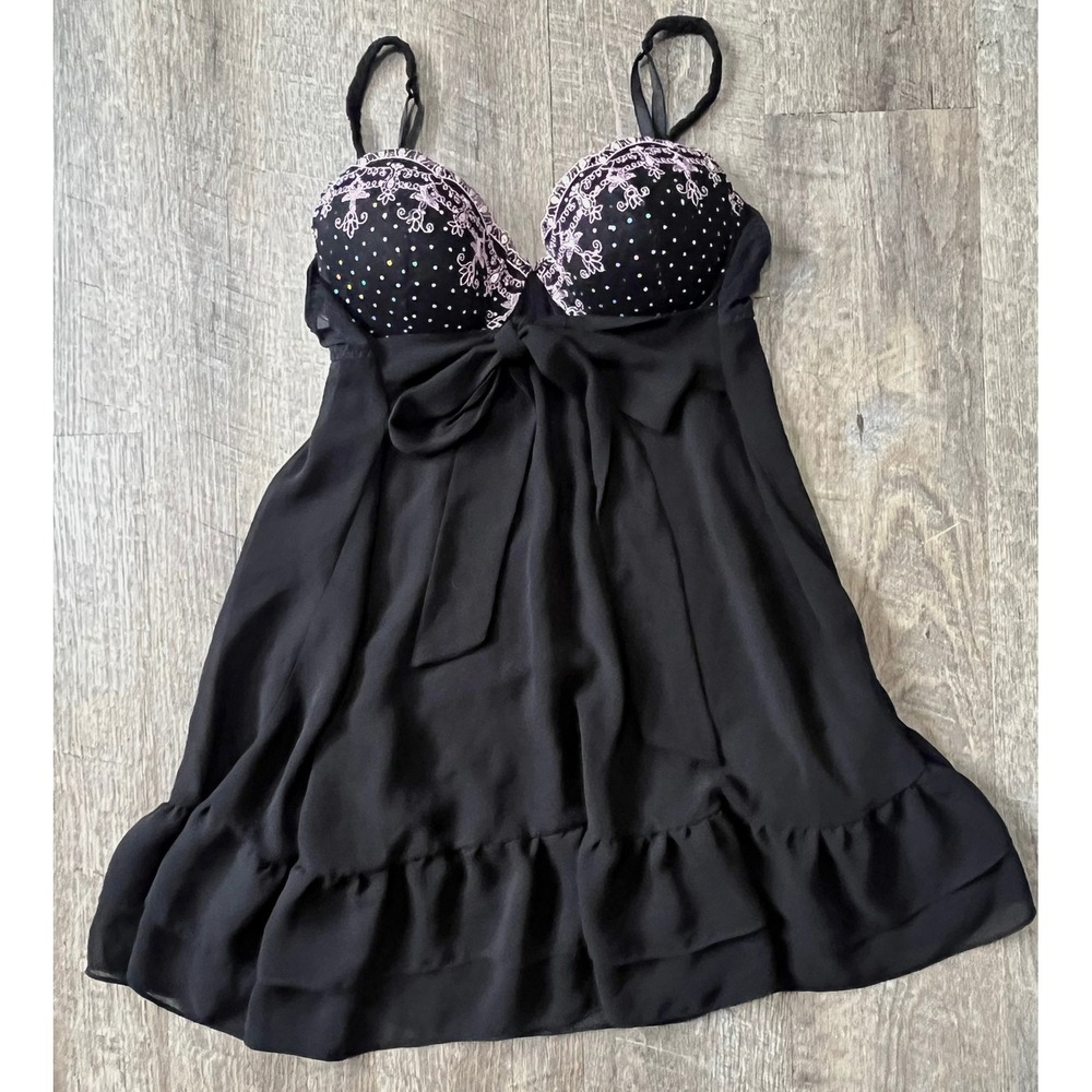Babydoll Lingerie Black Polka Dot Bow Accent‎ Nightie Sleepwear